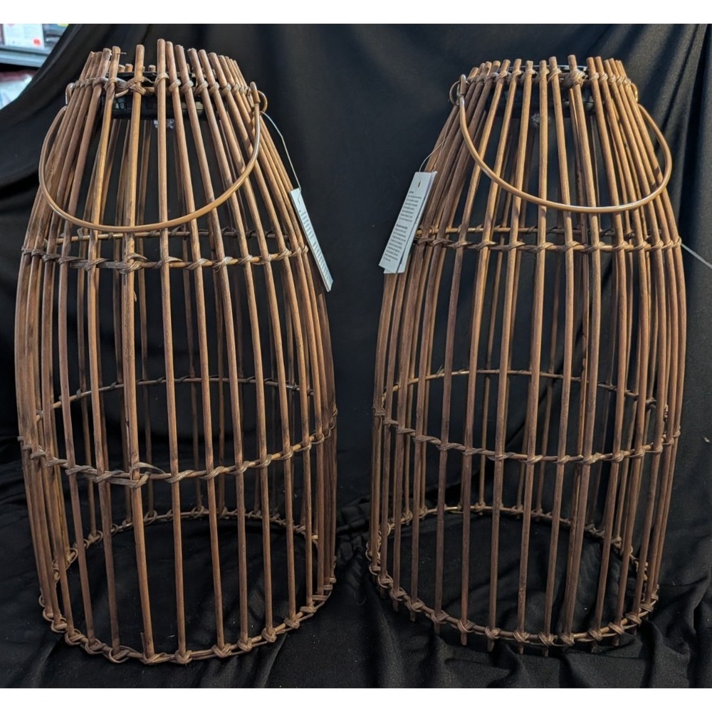 LOT OF 2 Outdoor Solar Lanterns, Wooden Wicker Lanterns Outdoor Waterproof